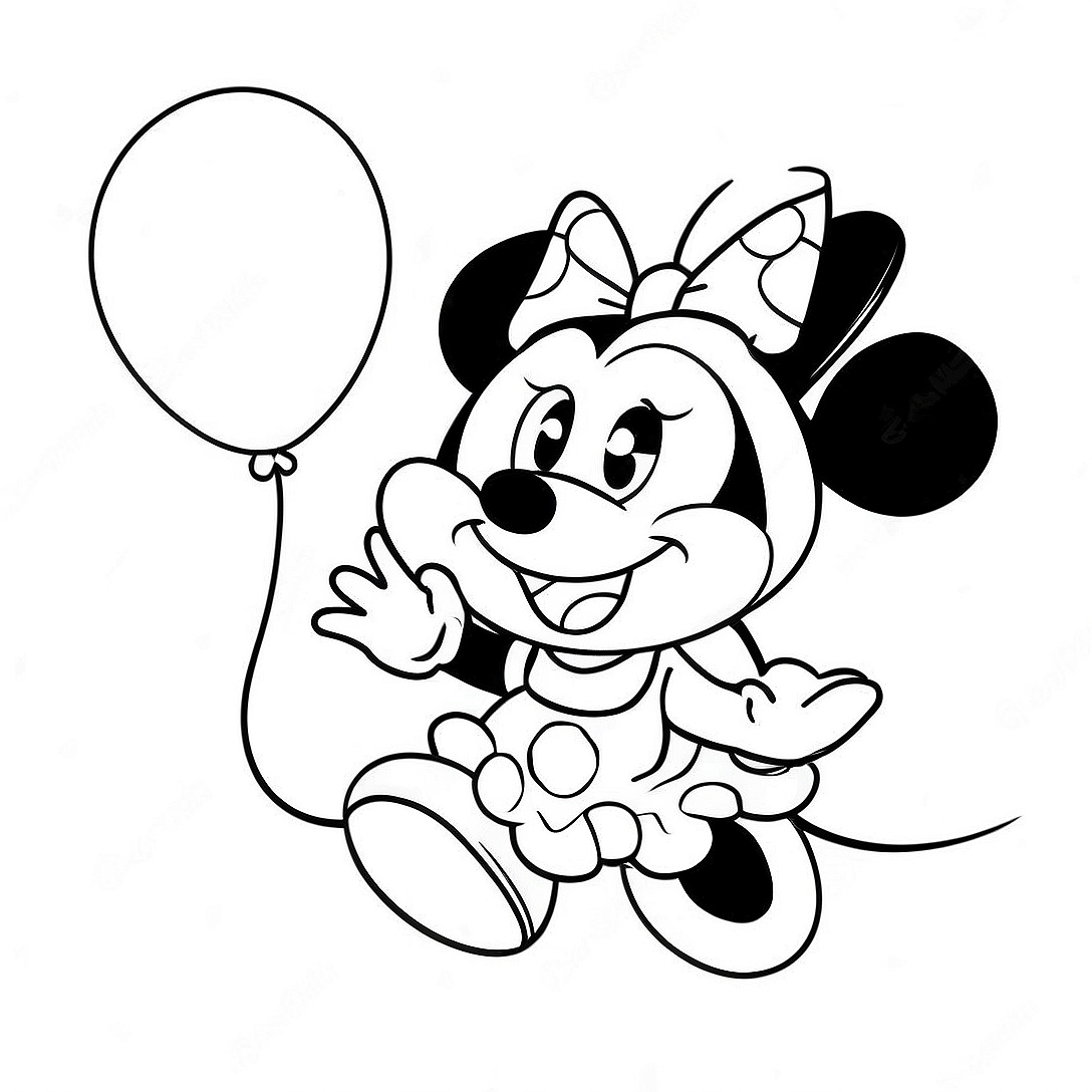 Happy Minnie Mouse with Balloons Coloring Page | Minnie Mouse coloring page