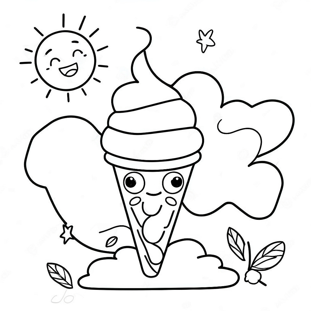 Sunny Day with Ice Cream Coloring Page | Summer coloring page
