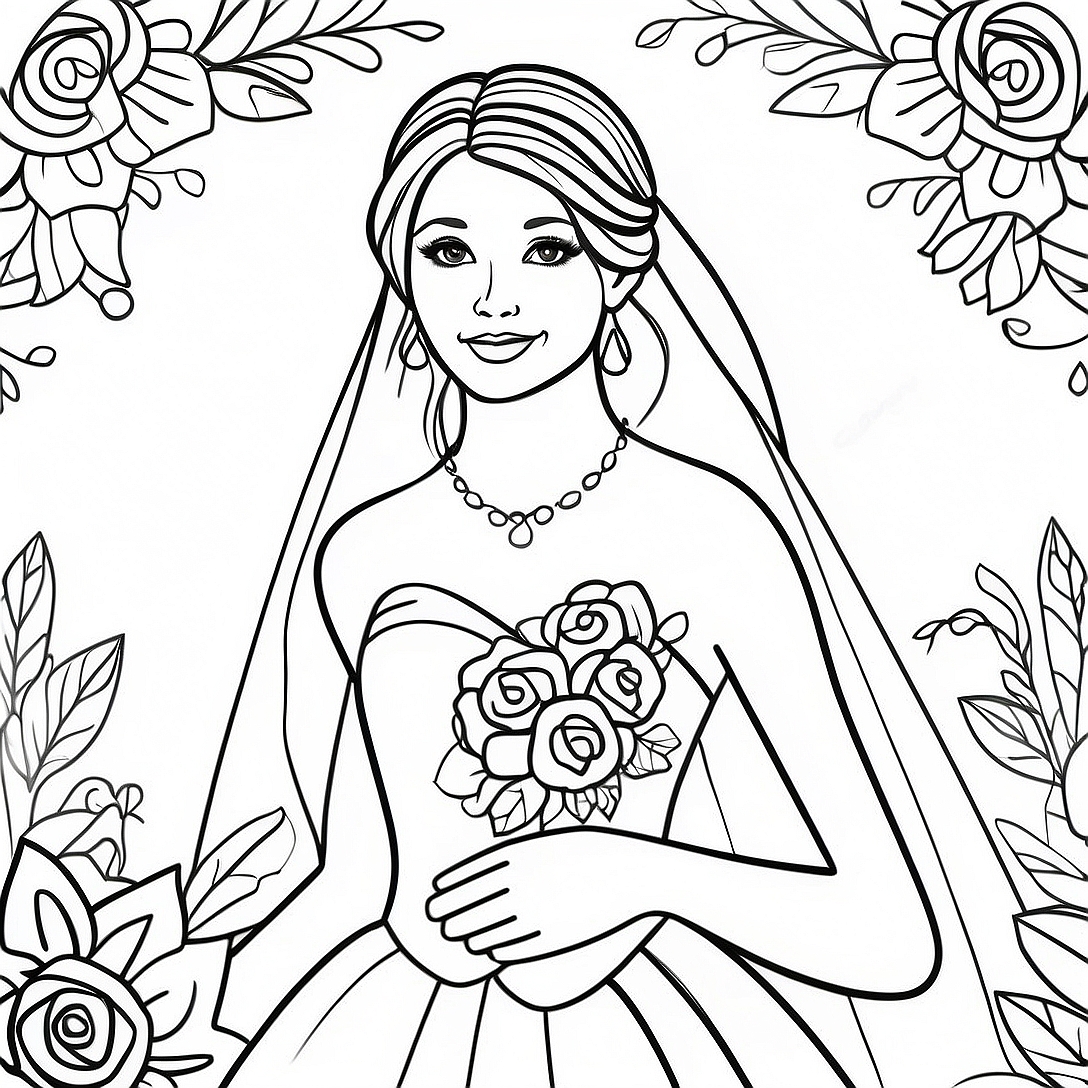 Beautiful Bride in Wedding Dress Coloring Page | Bride coloring page