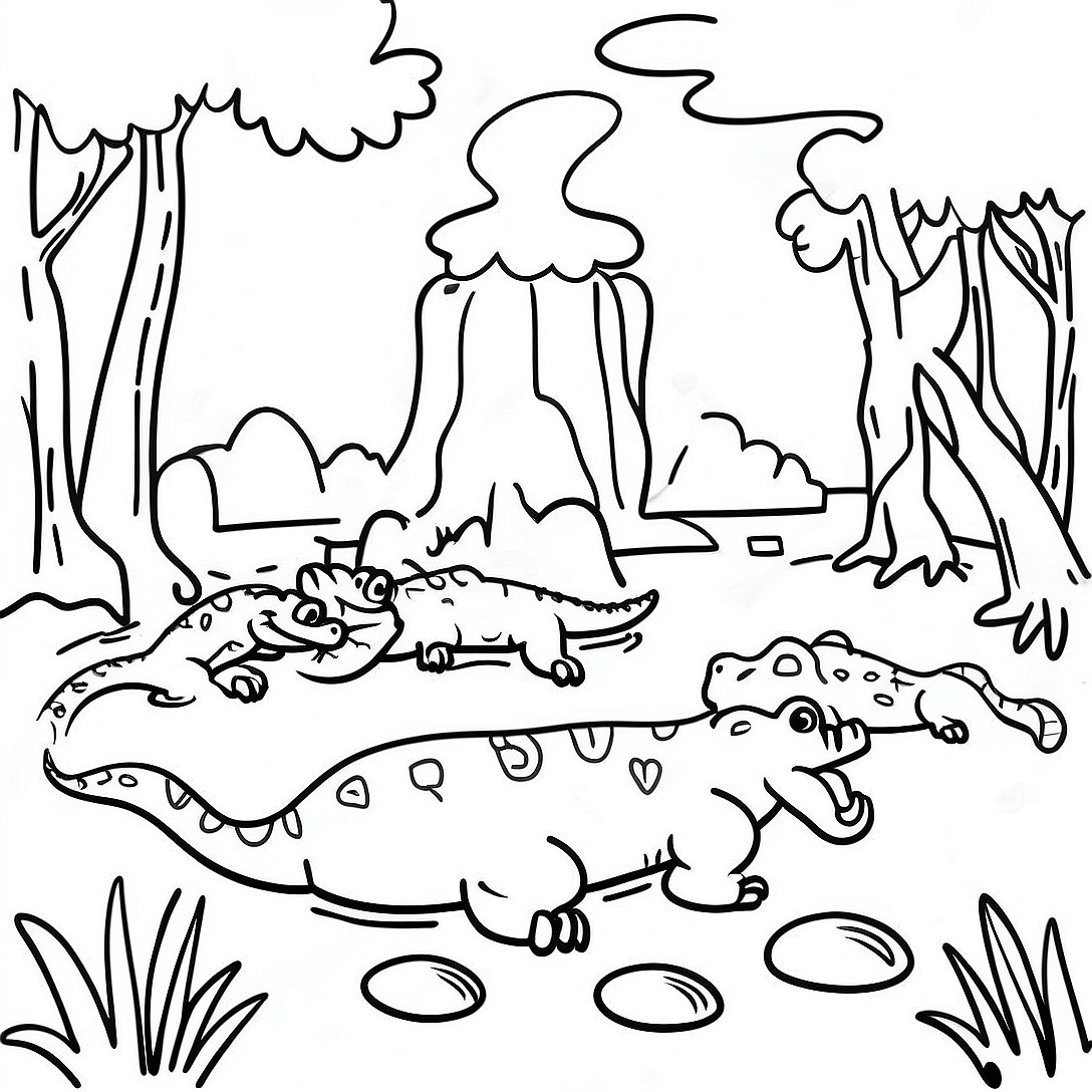 Swamp Scene with Alligators Coloring Page | Swamp coloring page