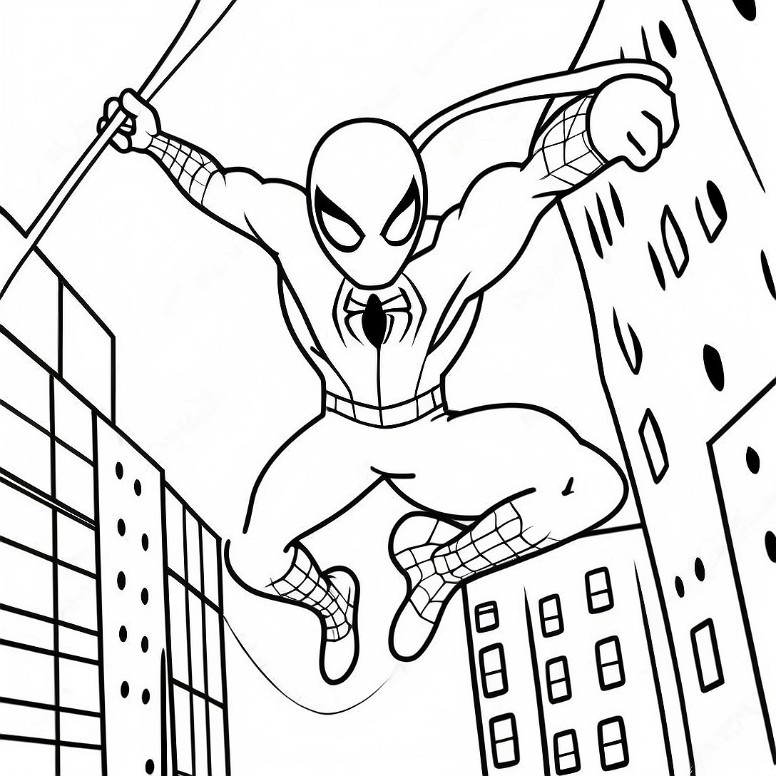 Spiderman Swinging Through City Coloring Page | Hello Kitty and Spiderman coloring page