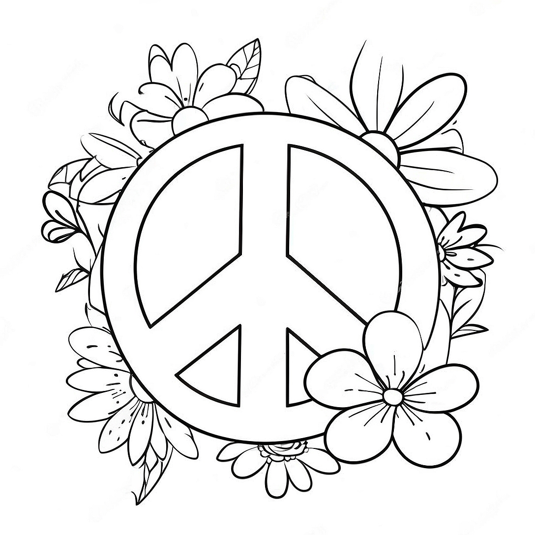 Colorful Peace Sign with Flowers Coloring Page | Peace Sign coloring page