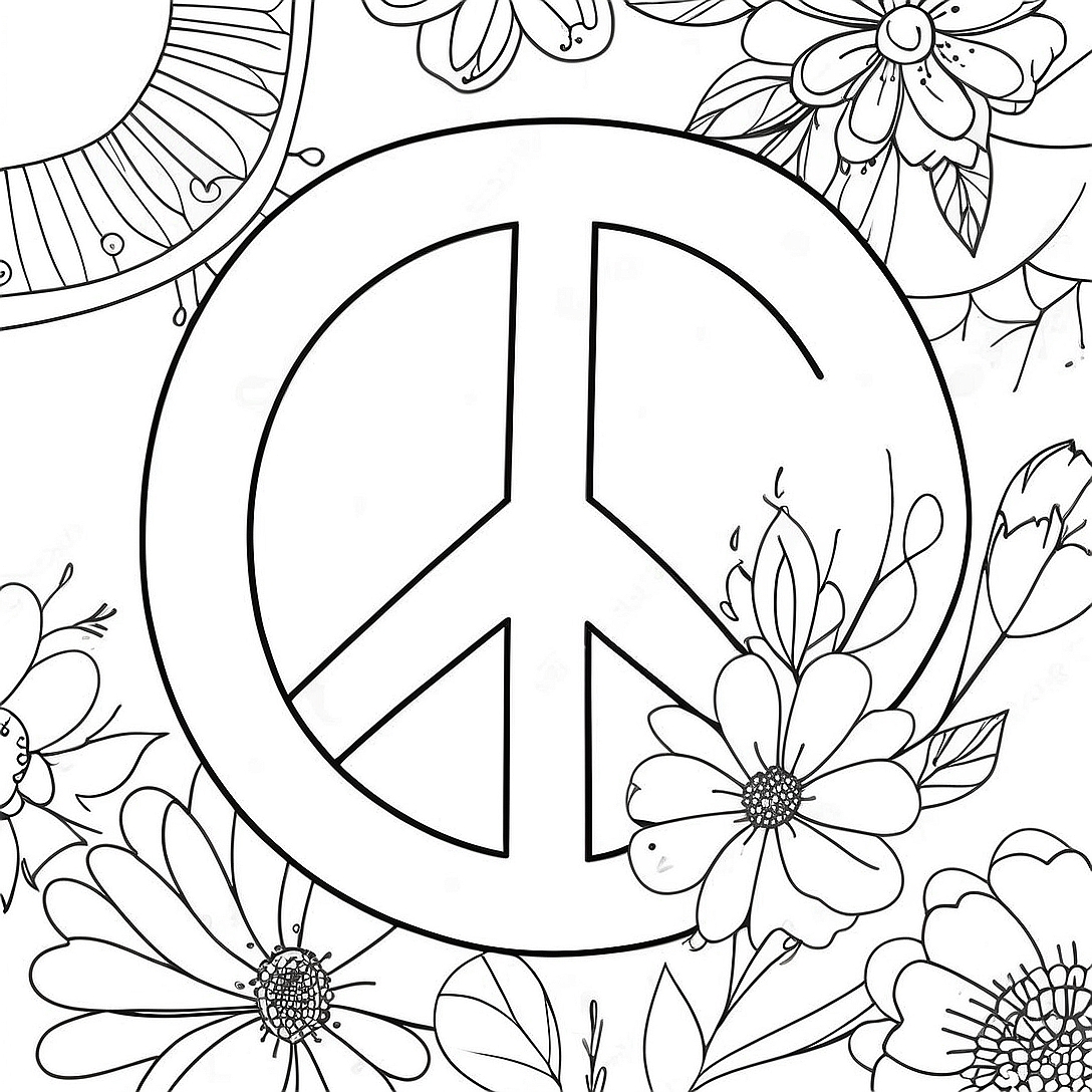 Colorful Peace Sign with Flowers Coloring Page | Peace Sign coloring page