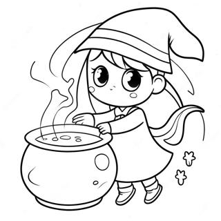 Cute Anime Witch with a Cauldron Coloring Page | Anime Halloween coloring page