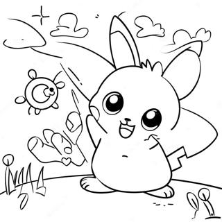 Cute Pichu Playing with Friends Coloring Page | Pichu coloring page