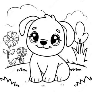 Playful Puppy in a Garden Coloring Page | Easy Realistic Puppy coloring page