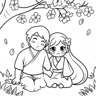 Adorable Anime Couple Under a Cherry Blossom Tree Coloring Page | Cute Anime Couple coloring page