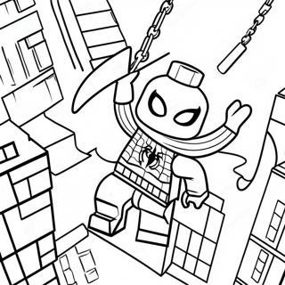Lego Spiderman Swinging Through City Coloring Page | Spiderman Lego coloring page