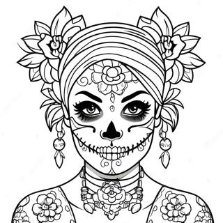 Edgy Gangsta Zuckerschädel Mädchen mit Tattoos Ausmalbild | Gangsta Zuckerschädel Mädchen Ausmalbild