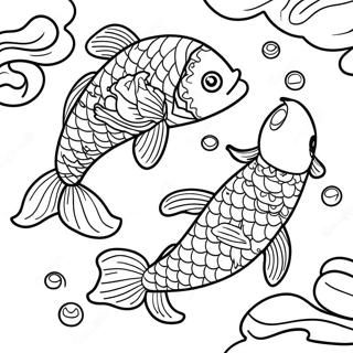 Koi Fish Swimming in a Colorful Pond Coloring Page | Koi Fish Adventures coloring page