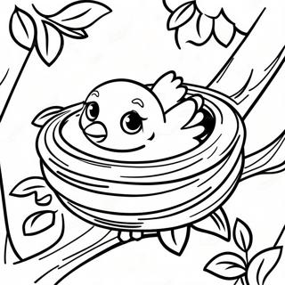 Baby Bird Nesting in a Cozy Tree Coloring Page | Baby Bird coloring page