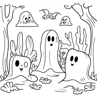 Spooky Graveyard with Ghosts Coloring Page | Graveyard coloring page