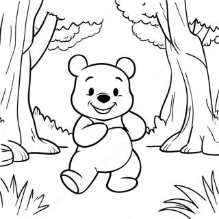 Färgläggningssida med Äventyrlig Nalle Puh i Skogen | Klassisk Nalle Puh målarbild