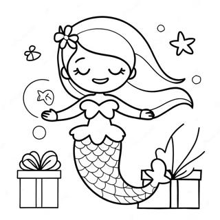 Festive Christmas Mermaid with Gifts Coloring Page | Christmas Mermaid coloring page