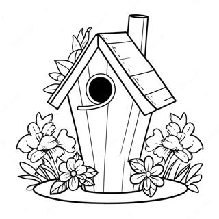 Colorful Bird House with Flowers Coloring Page | Bird House coloring page