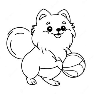 Fluffy Pomeranian Playing with Ball Coloring Page | Pomeranian coloring page