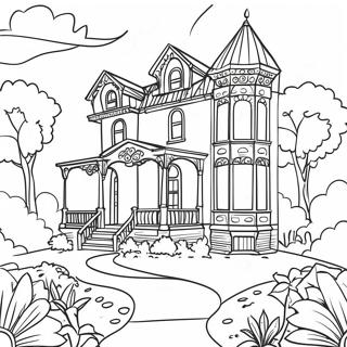 Charming Victorian House with Garden Coloring Page | Victorian House coloring page