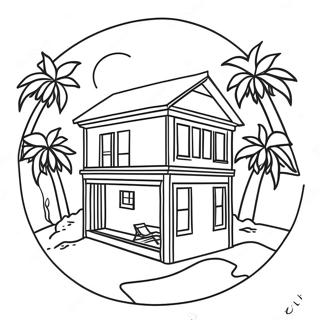 Sunny Beach House with Palm Trees Coloring Page | Beach House coloring page