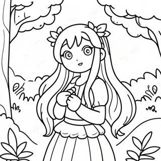 Niedliches Anime-Mädchen mit langen Haaren im Fantasywald Ausmalbild | Langhaariges Anime-Mädchen Ausmalbild