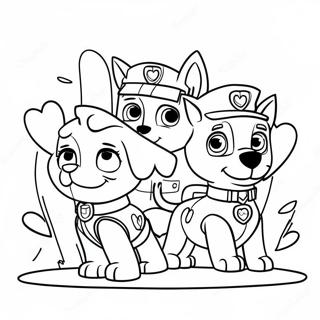 Niedliche Paw Patrol Charaktere mit Herzen Ausmalbild | Paw Patrol Valentinstag Ausmalbild
