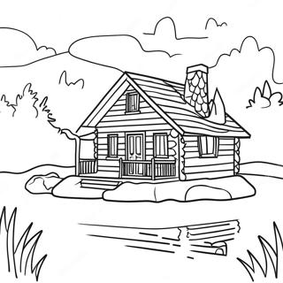 Cozy Log Cabin by the Lake Coloring Page | Log Cabin coloring page
