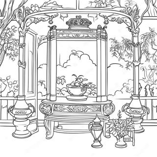 Elegant Chinoiserie Scene Coloring Page | Chinoiserie coloring page