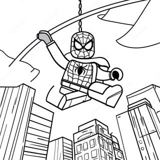 Lego Spiderman Swinging Through City Coloring Page | Lego Spiderman coloring page