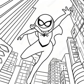 Spider Gwen Swinging Through City Coloring Page | Spider Gwen coloring page