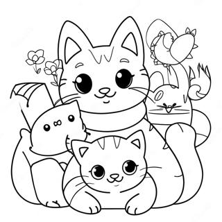 Adorable Cat and Kittens Coloring Page | Cat with Kittens coloring page