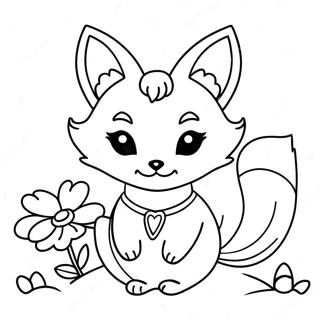 Cute Kitsune with Flowers Coloring Page | Kitsune coloring page