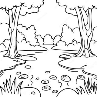 Calm River with Lush Trees Coloring Page | River coloring page