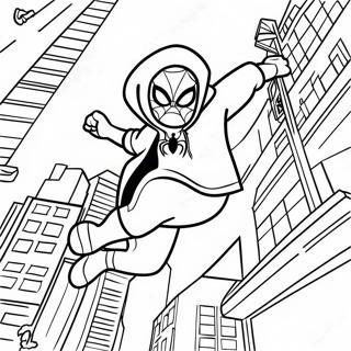 Miles Morales Swinging Through City Coloring Page | Miles Morales Spiderman coloring page
