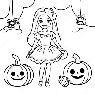 Spooky Halloween Barbie with Pumpkins Coloring Page | Halloween Barbie coloring page