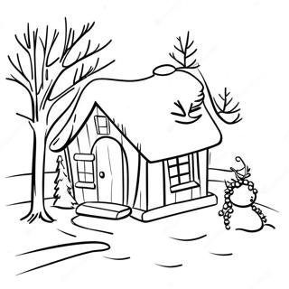 Cozy Winter Cabin with Snowman Coloring Page | Let It Snow coloring page