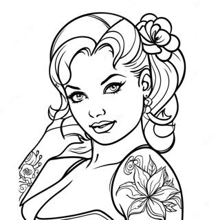 Vintage Tattoo Pin Up färgläggningssida | Tatuering Pin Up för Vuxna målarbild