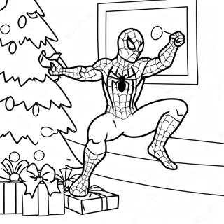 Spider-Man Decorating a Christmas Tree Coloring Page | Avengers Christmas coloring page