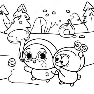 Pororo and Friends Playing in the Snow Coloring Page | Pororo coloring page