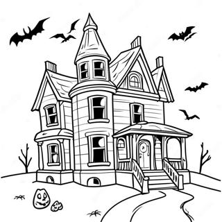 Gruseliges Ausmalbild eines Spukhauses | Erwachsene Halloween Ausmalbild