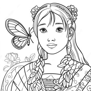 Kanao with Butterfly Coloring Page | Kanao coloring page