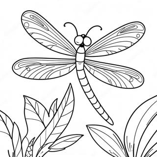 Colorful Dragonfly in a Garden Coloring Page | Dragonfly coloring page
