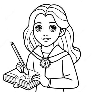 Hermione with Wand and Spellbook Coloring Page