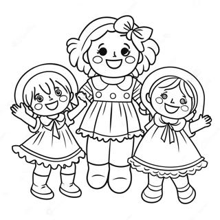 Cheerful Raggedy Ann with Friends Coloring Page | Raggedy Ann coloring page