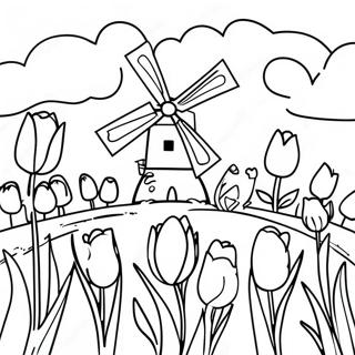 Holland Landscape with Tulips Coloring Page | Holland coloring page