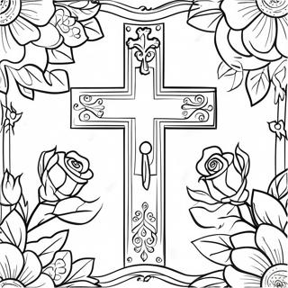Cross with Roses Floral Design Coloring Page | Cross with Roses coloring page