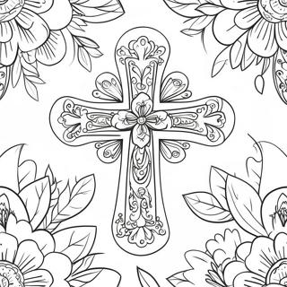 Intricate Cross with Roses Coloring Page | Cross with Roses coloring page