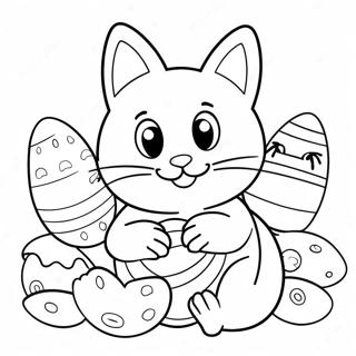 Playful Easter Cat with Eggs Coloring Page | Easter Cat coloring page