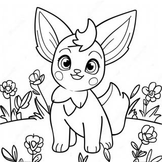 Cute Leafeon in a Flower Field Coloring Page | Leafeon coloring page