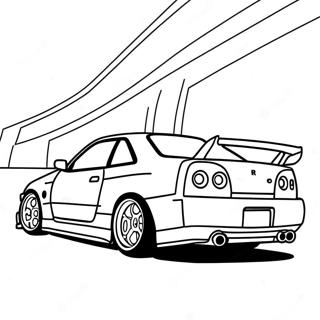 Nissan Skyline R34 i rörelse målarbok | Nissan Skyline R34 målarbild
