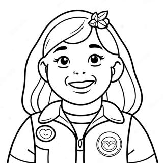 Glad Girl Scout med mærker farvelægningsside | Pige Spejder Lov malebog