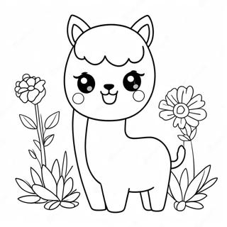 Cute Alpaca with Flowers Coloring Page | Alpaca coloring page